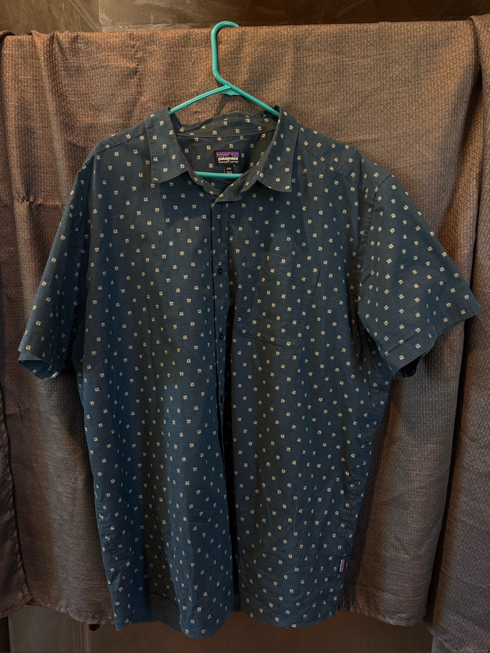 Patagonia Navy Short-Sleeve Button-Down with Micro Square Print